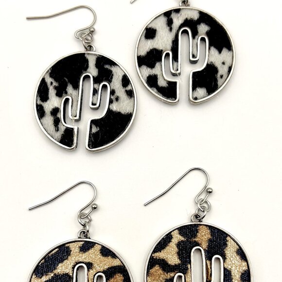 Round Western Leopard Print Animal Print Saguaro Cactus Outline Dangle Earrings - Picture 5 of 5